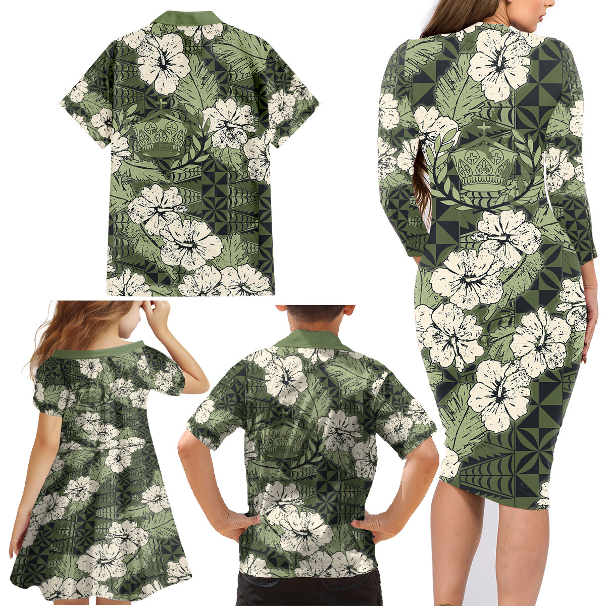 Tongan Kupesi Ngatu Hibiscus Vintage Motif Family Matching Long Sleeve Bodycon Dress and Hawaiian Shirt