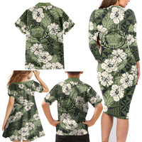 Tongan Kupesi Ngatu Hibiscus Vintage Motif Family Matching Long Sleeve Bodycon Dress and Hawaiian Shirt