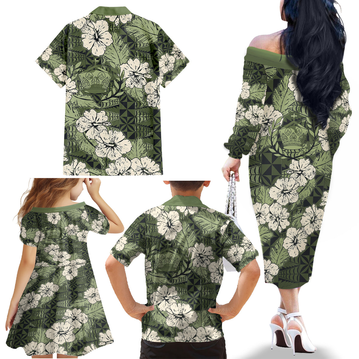 Tongan Kupesi Ngatu Hibiscus Vintage Motif Family Matching Off The Shoulder Long Sleeve Dress and Hawaiian Shirt