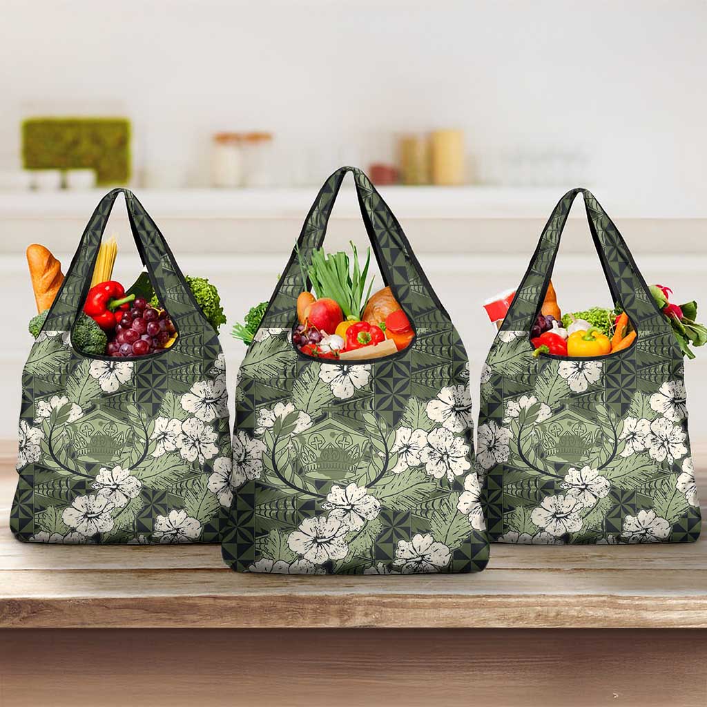 Tongan Kupesi Ngatu Hibiscus Vintage Motif Grocery Bag LT9 3-pack One Size Green - Polynesian Pride