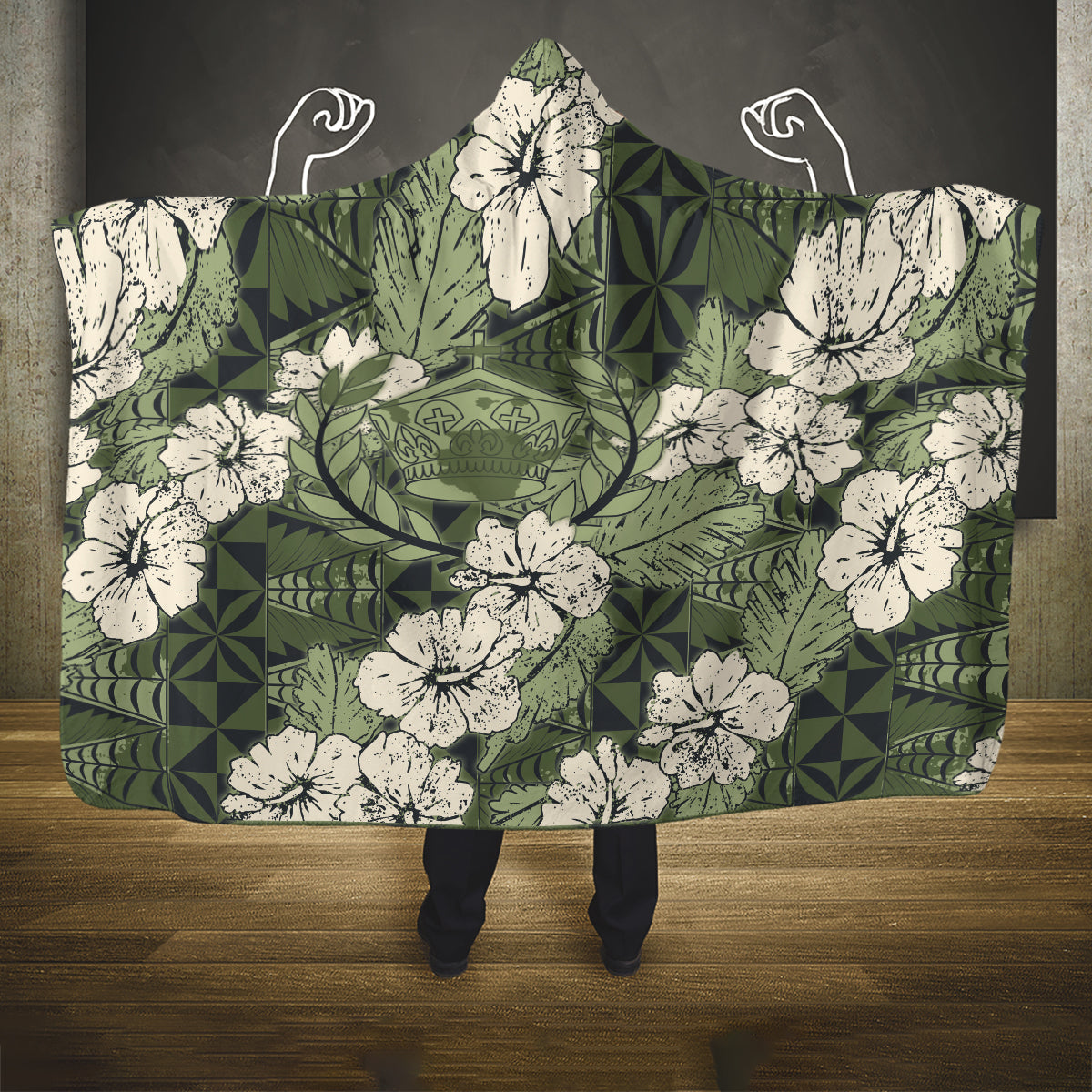 Tongan Kupesi Ngatu Hibiscus Vintage Motif Hooded Blanket LT9 One Size Green - Polynesian Pride