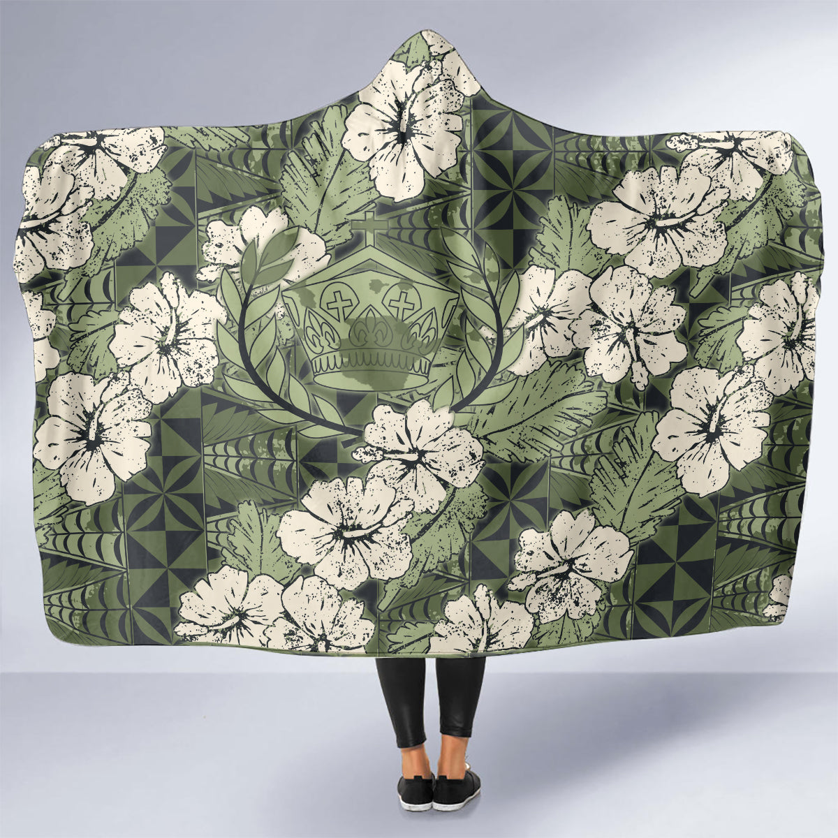 Tongan Kupesi Ngatu Hibiscus Vintage Motif Hooded Blanket LT9 - Polynesian Pride