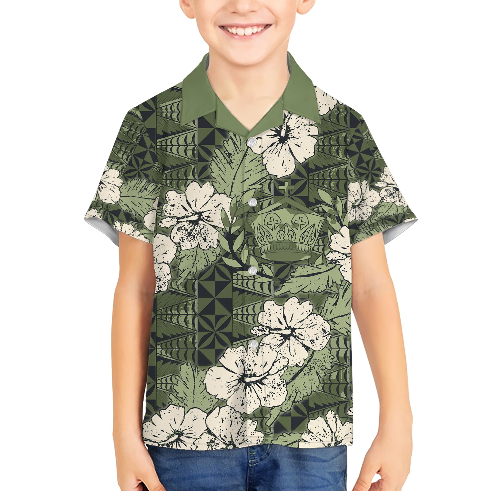 Tongan Kupesi Ngatu Hibiscus Vintage Motif Kid Hawaiian Shirt