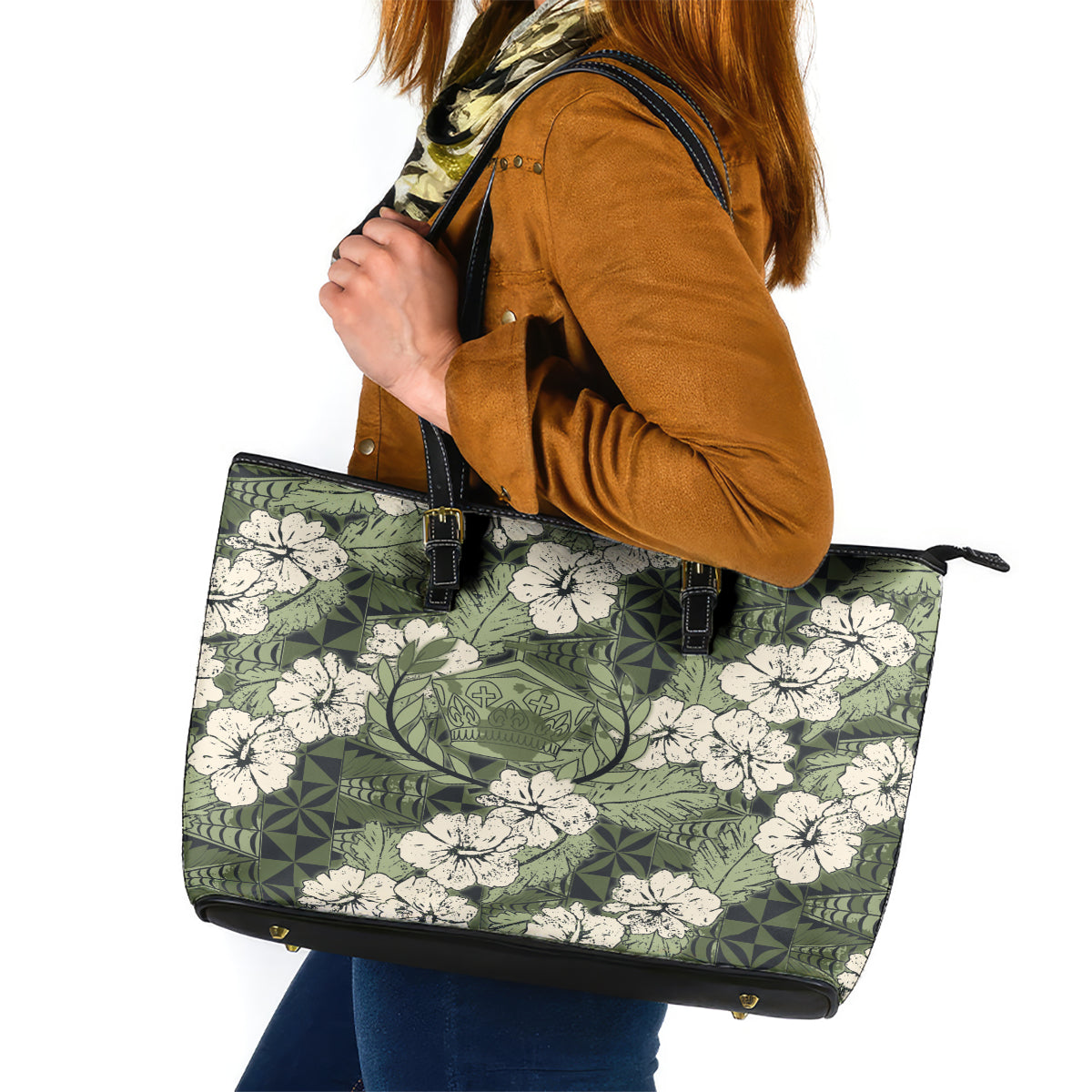 Tongan Kupesi Ngatu Hibiscus Vintage Motif Leather Tote Bag LT9 Green - Polynesian Pride
