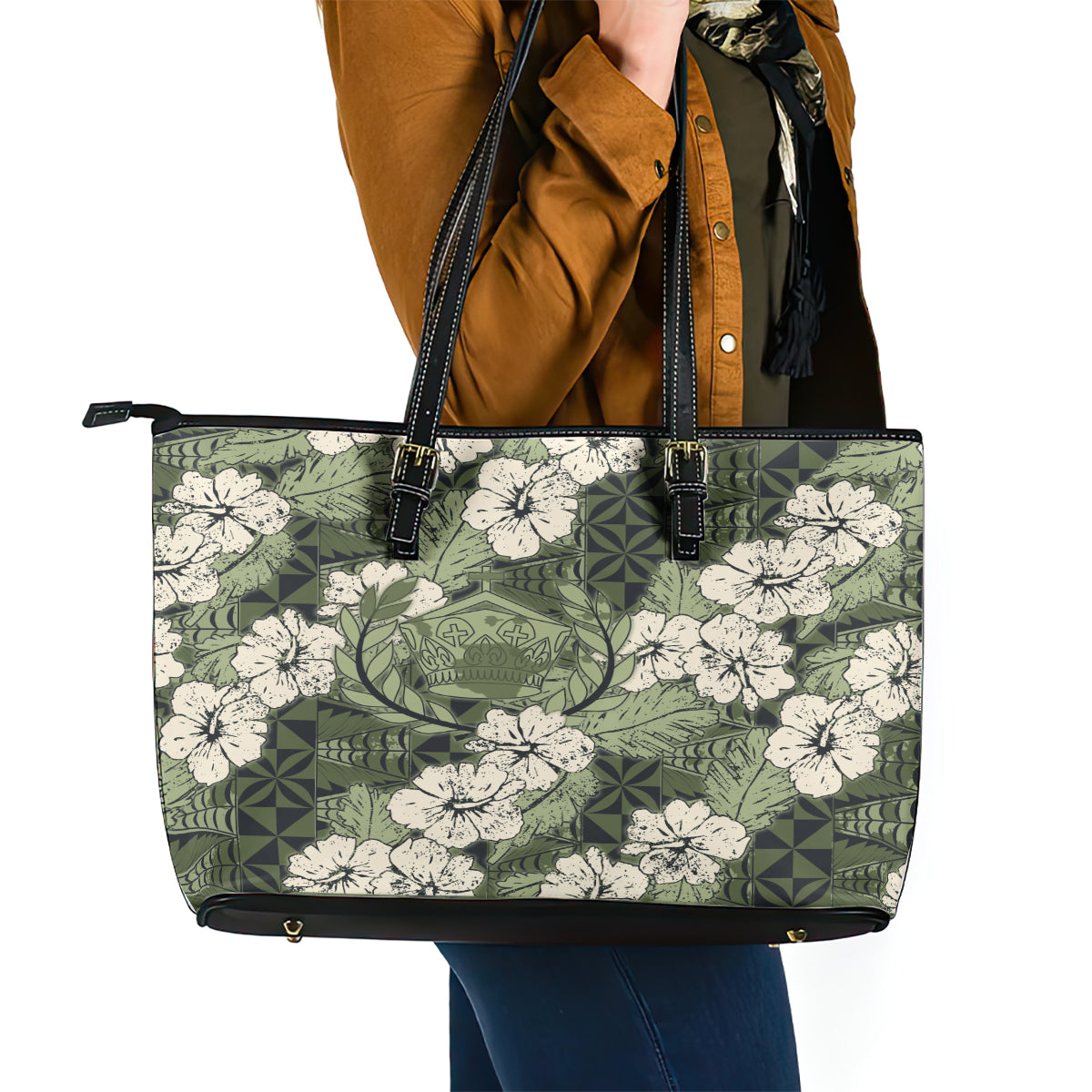 Tongan Kupesi Ngatu Hibiscus Vintage Motif Leather Tote Bag LT9 - Polynesian Pride