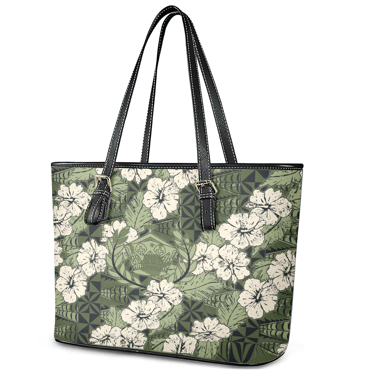 Tongan Kupesi Ngatu Hibiscus Vintage Motif Leather Tote Bag LT9 - Polynesian Pride