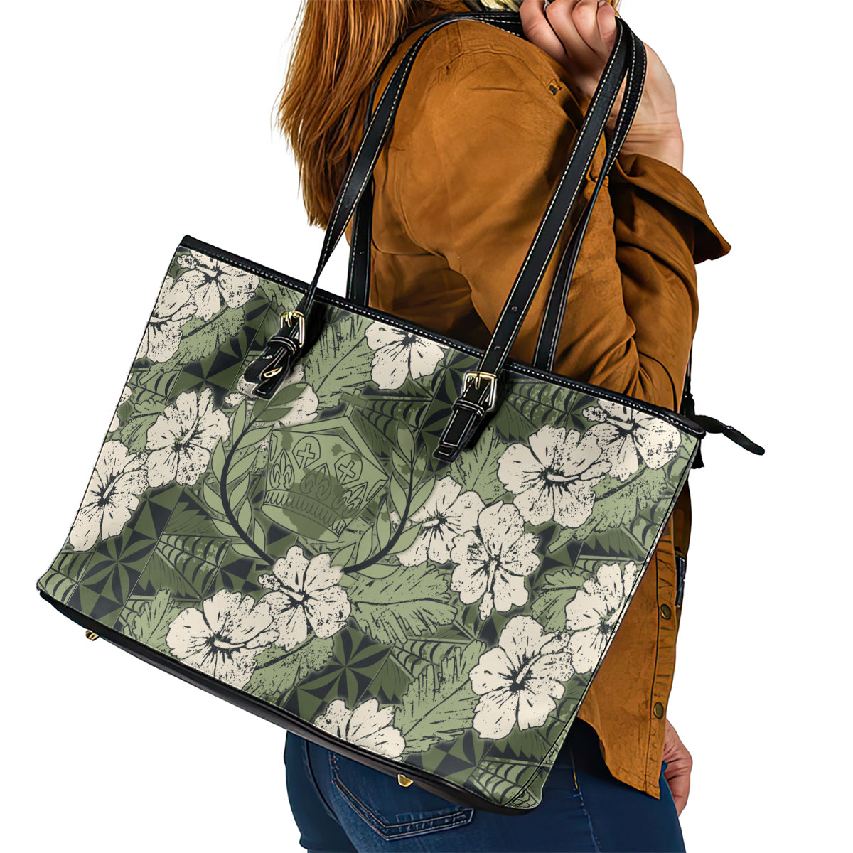 Tongan Kupesi Ngatu Hibiscus Vintage Motif Leather Tote Bag LT9 - Polynesian Pride
