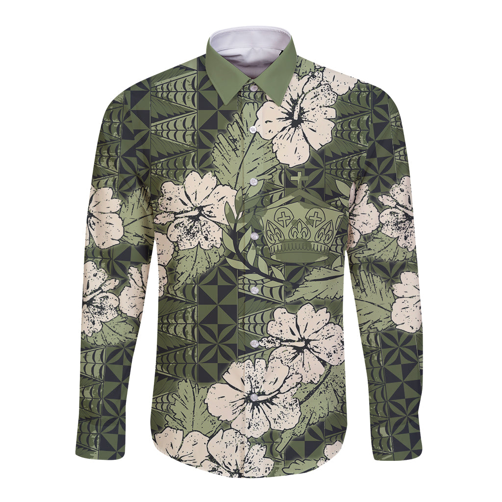 Tongan Kupesi Ngatu Hibiscus Vintage Motif Long Sleeve Button Shirt LT9 Unisex Green - Polynesian Pride