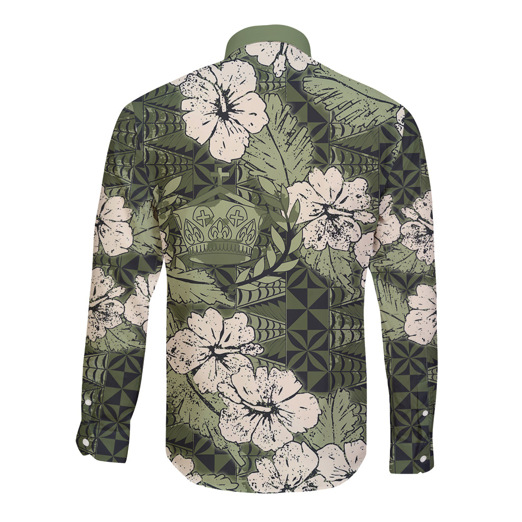 Tongan Kupesi Ngatu Hibiscus Vintage Motif Long Sleeve Button Shirt LT9 - Polynesian Pride