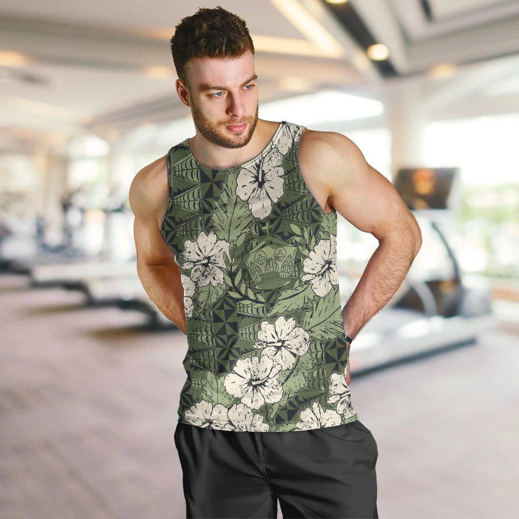 Tongan Kupesi Ngatu Hibiscus Vintage Motif Men Tank Top LT9 Green - Polynesian Pride