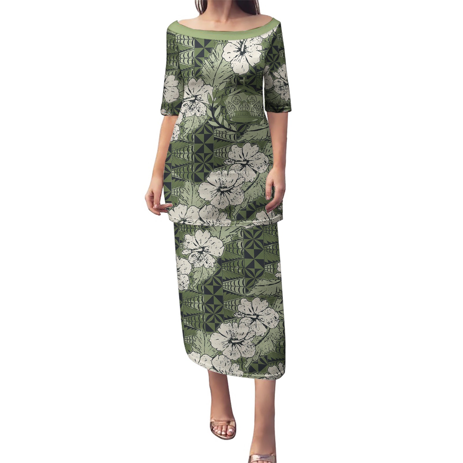 Tongan Kupesi Ngatu Hibiscus Vintage Motif Puletasi LT9 Long Dress Green - Polynesian Pride