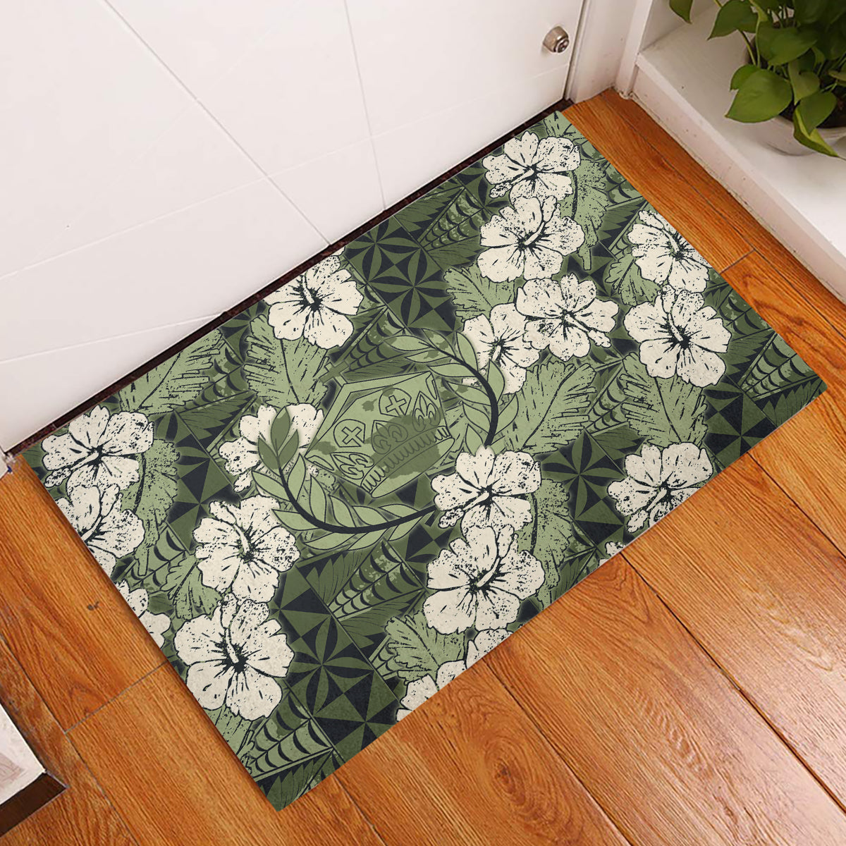 Tongan Kupesi Ngatu Hibiscus Vintage Motif Rubber Doormat LT9 Green - Polynesian Pride