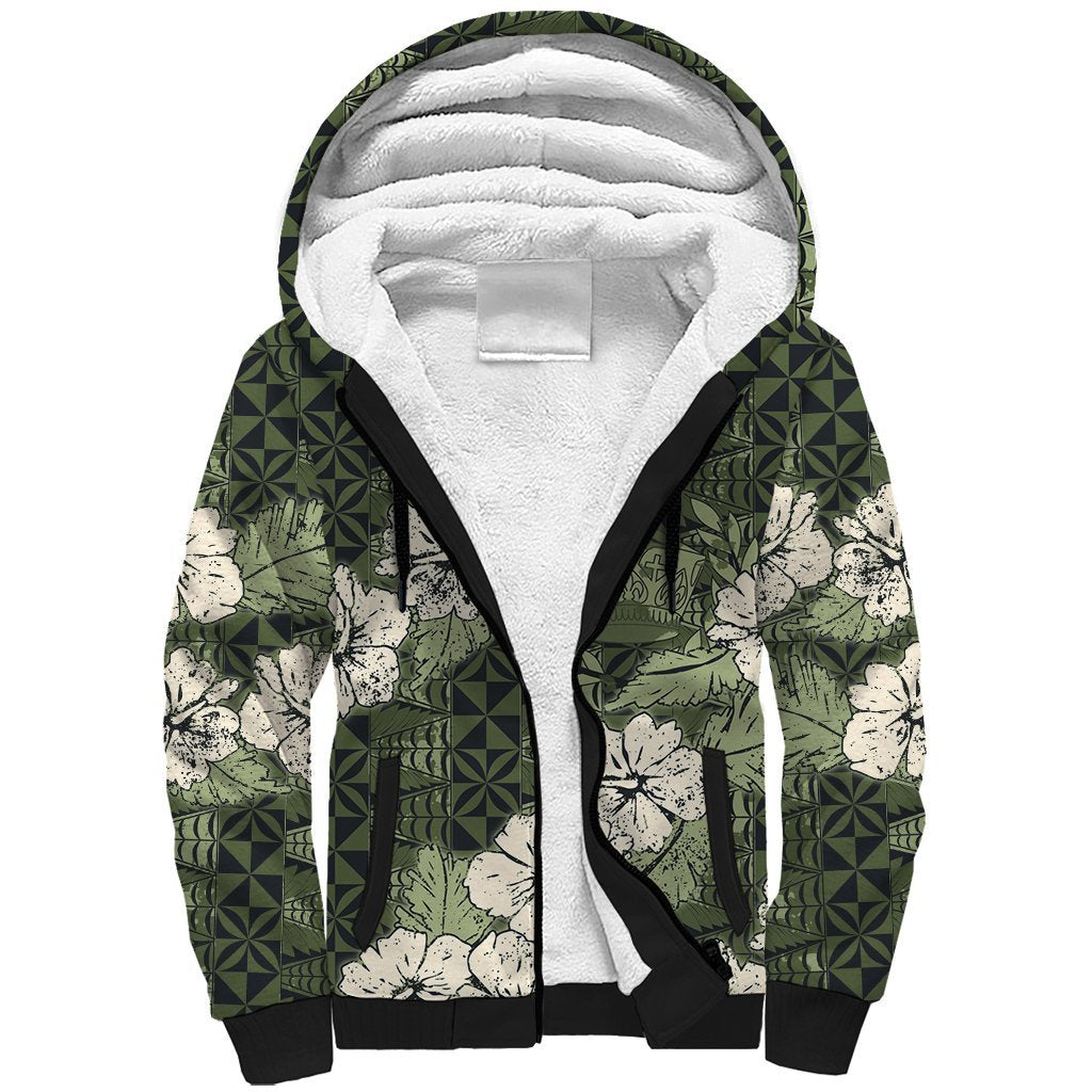 Tongan Kupesi Ngatu Hibiscus Vintage Motif Sherpa Hoodie LT9 Unisex Green - Polynesian Pride