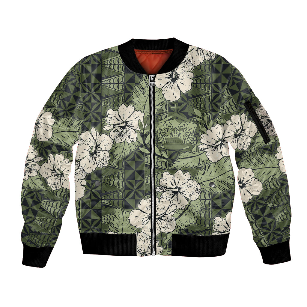 Tongan Kupesi Ngatu Hibiscus Vintage Motif Sleeve Zip Bomber Jacket LT9 Unisex Green - Polynesian Pride