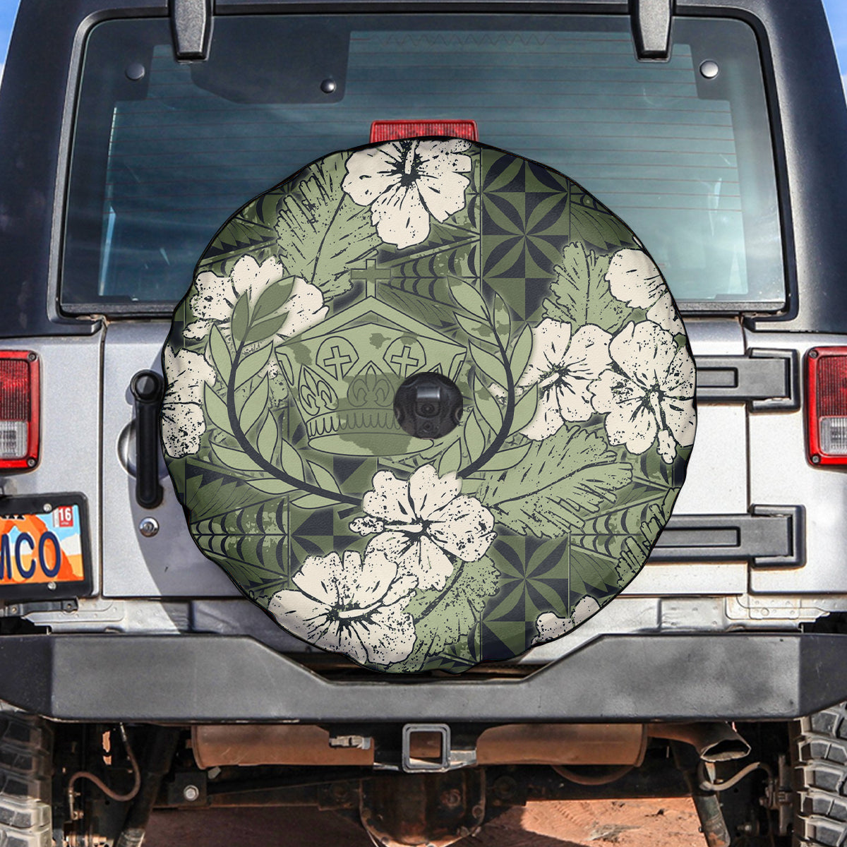 Tongan Kupesi Ngatu Hibiscus Vintage Motif Spare Tire Cover LT9 Green - Polynesian Pride