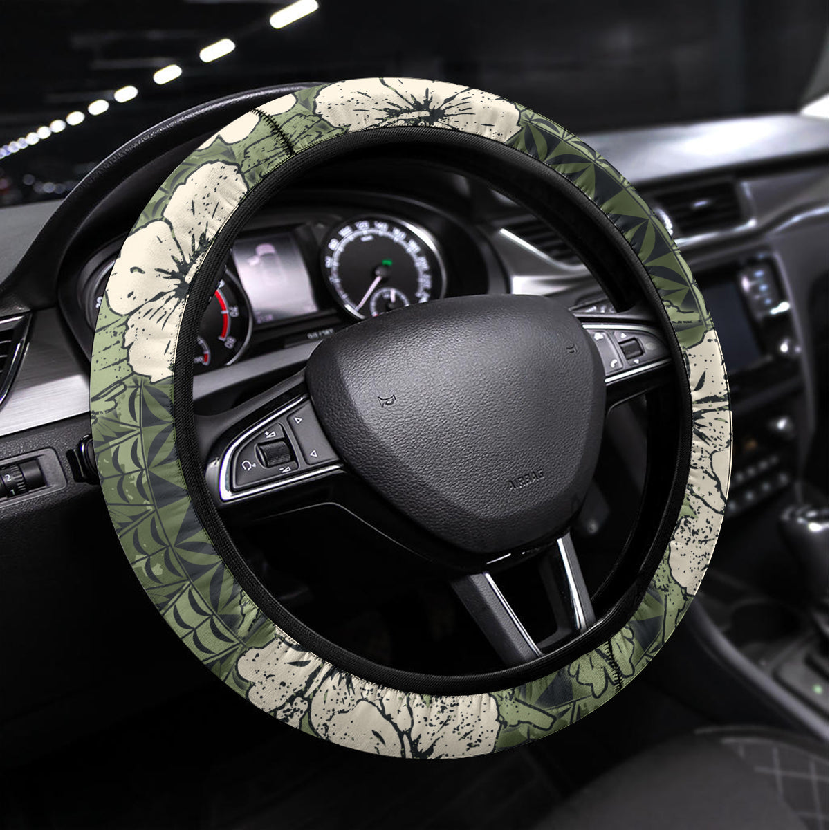 Tongan Kupesi Ngatu Hibiscus Vintage Motif Steering Wheel Cover LT9 Universal Fit Green - Polynesian Pride