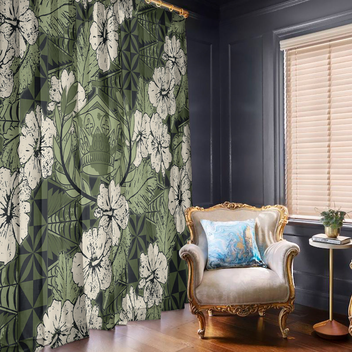 Tongan Kupesi Ngatu Hibiscus Vintage Motif Window Curtain LT9 - Polynesian Pride