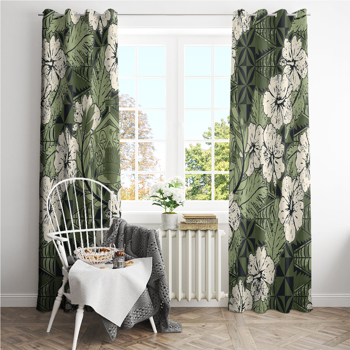 Tongan Kupesi Ngatu Hibiscus Vintage Motif Window Curtain LT9 - Polynesian Pride