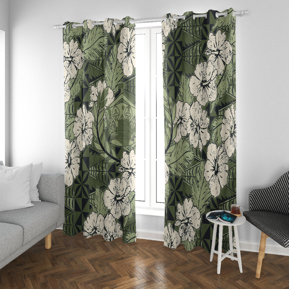 Tongan Kupesi Ngatu Hibiscus Vintage Motif Window Curtain LT9 With Grommets Green - Polynesian Pride