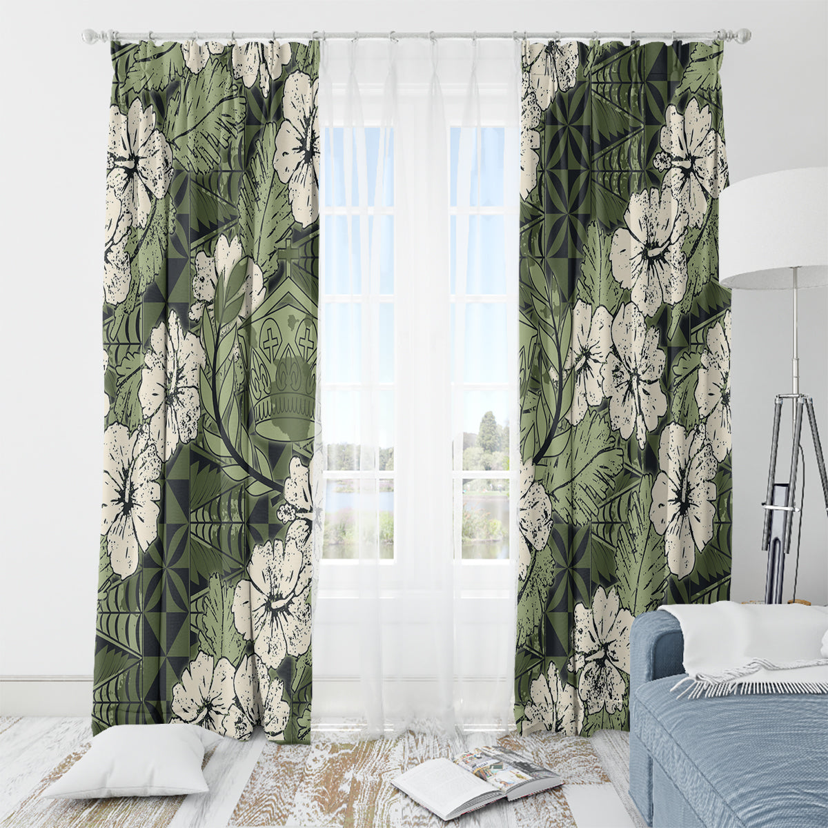 Tongan Kupesi Ngatu Hibiscus Vintage Motif Window Curtain LT9 - Polynesian Pride
