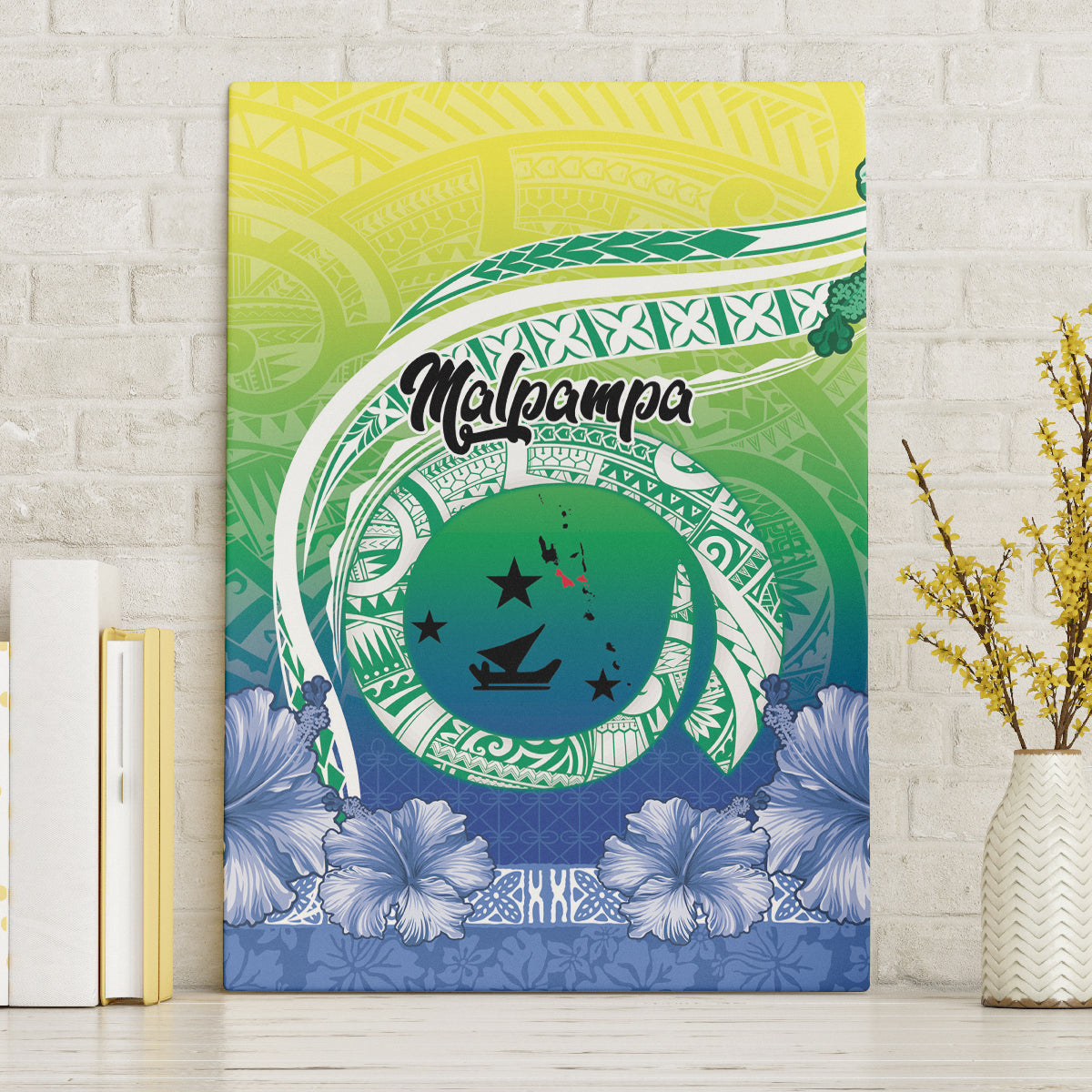 Malpampa Vanuatu Canvas Wall Art Hibiscus Sand Drawing with Pacific Pattern LT9 Without Frame Green Art - Polynesian Pride
