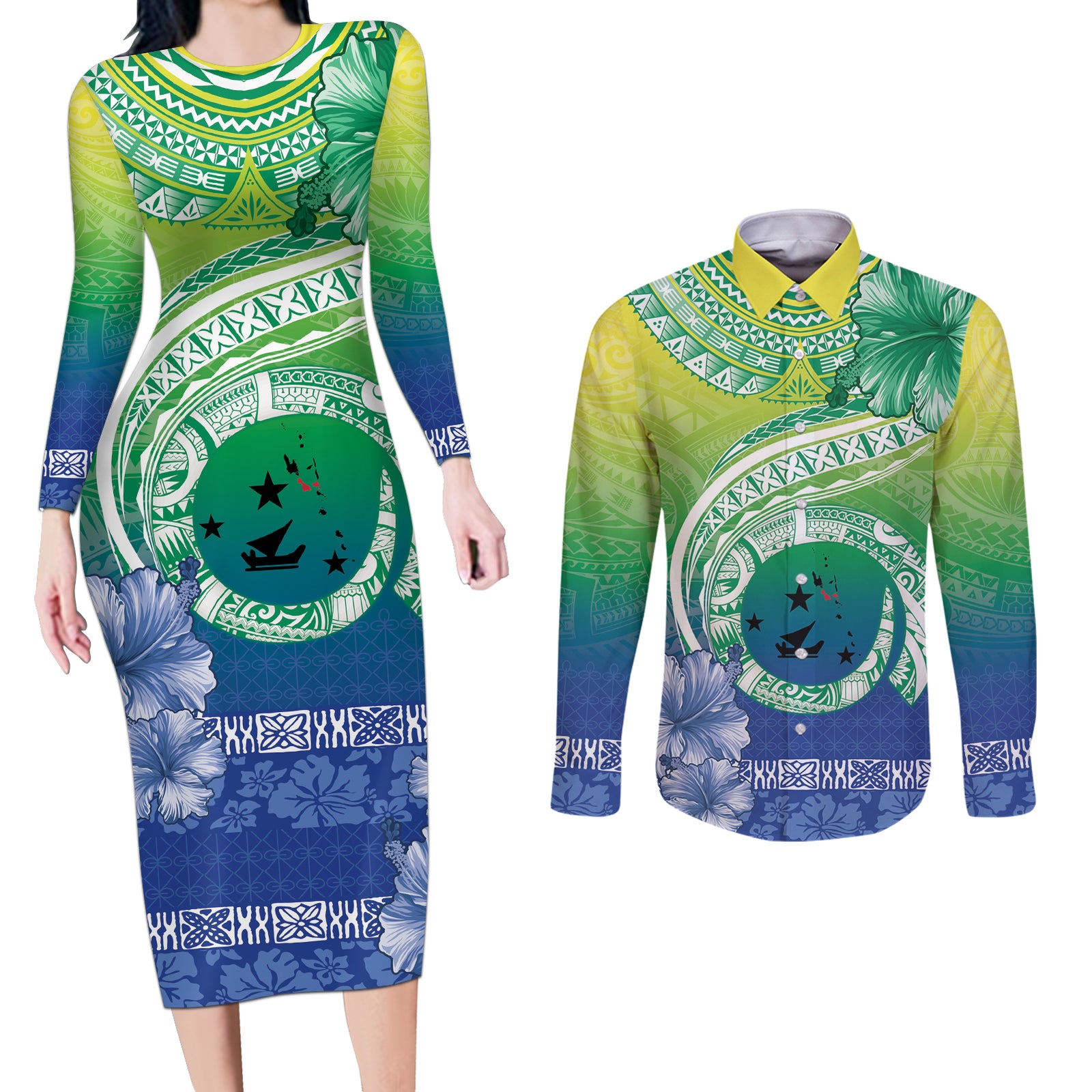 Malpampa Vanuatu Couples Matching Long Sleeve Bodycon Dress and Long Sleeve Button Shirt Hibiscus Sand Drawing with Pacific Pattern LT9 Green Art - Polynesian Pride