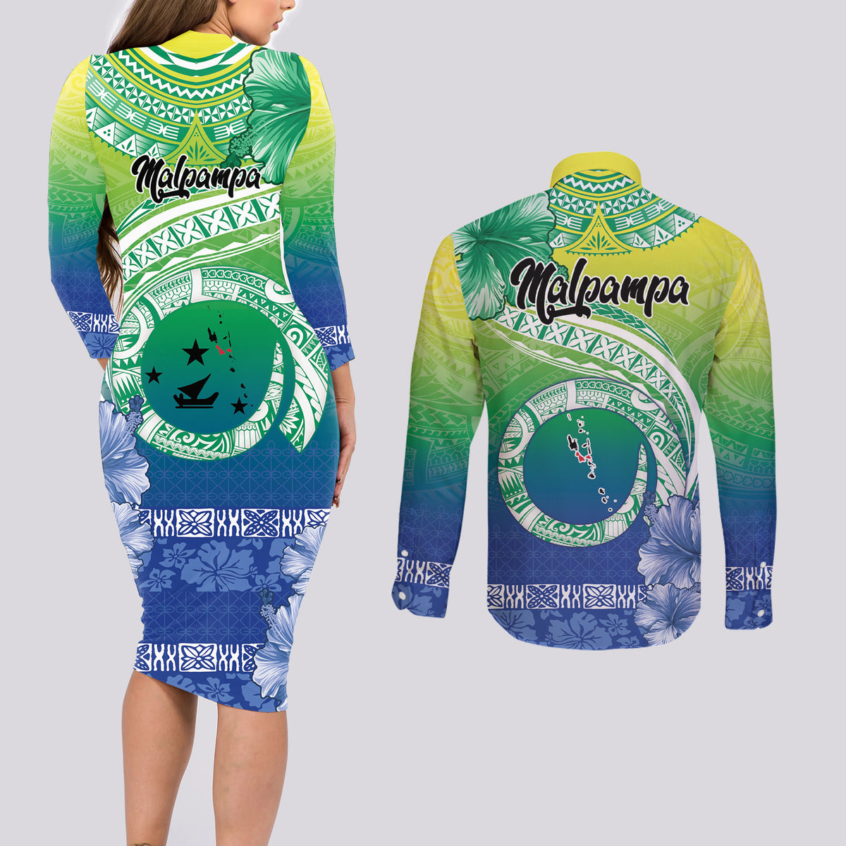Malpampa Vanuatu Couples Matching Long Sleeve Bodycon Dress and Long Sleeve Button Shirt Hibiscus Sand Drawing with Pacific Pattern LT9 - Polynesian Pride