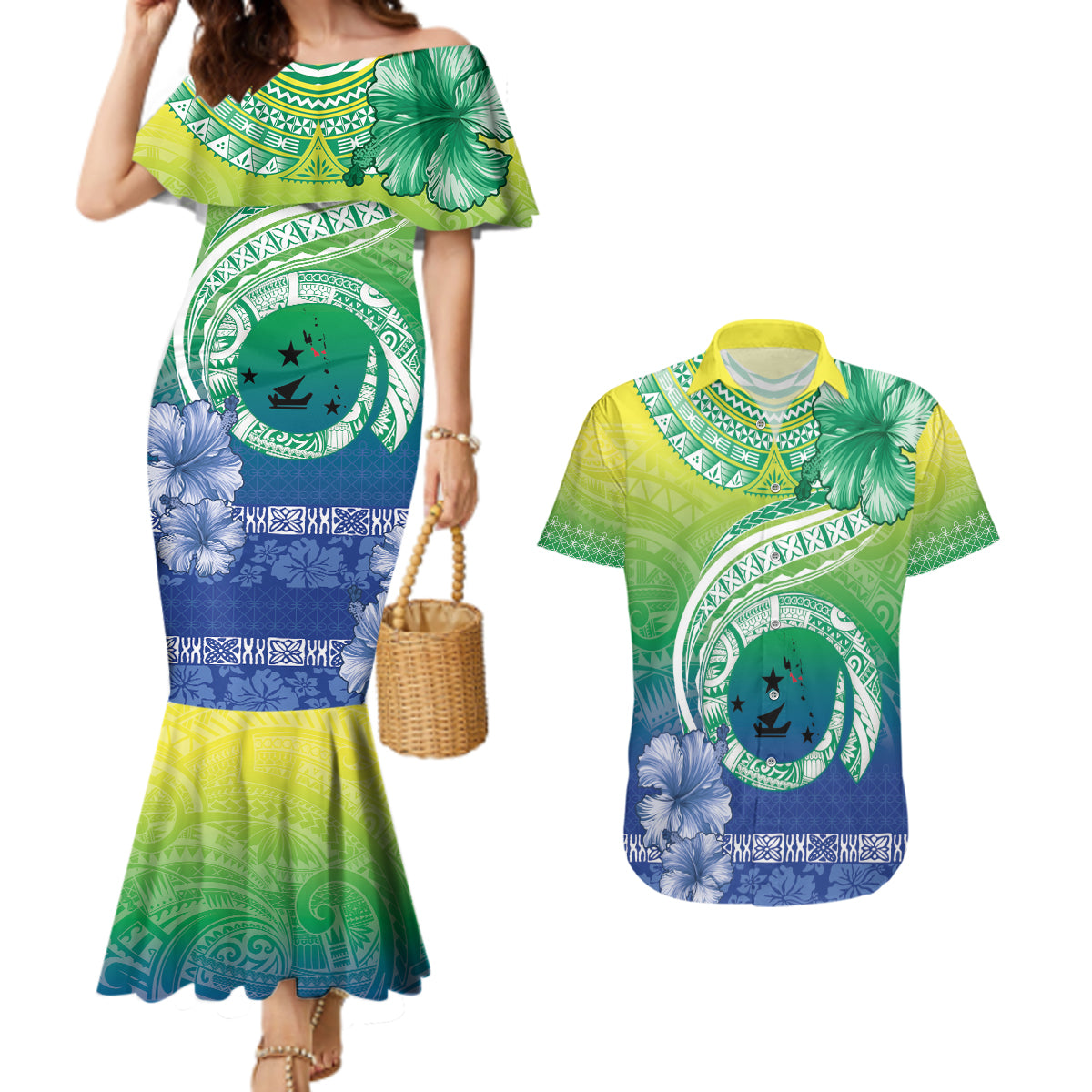 Malpampa Vanuatu Couples Matching Mermaid Dress and Hawaiian Shirt Hibiscus Sand Drawing with Pacific Pattern