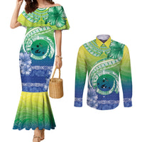 Malpampa Vanuatu Couples Matching Mermaid Dress and Long Sleeve Button Shirt Hibiscus Sand Drawing with Pacific Pattern LT9 Green Art - Polynesian Pride
