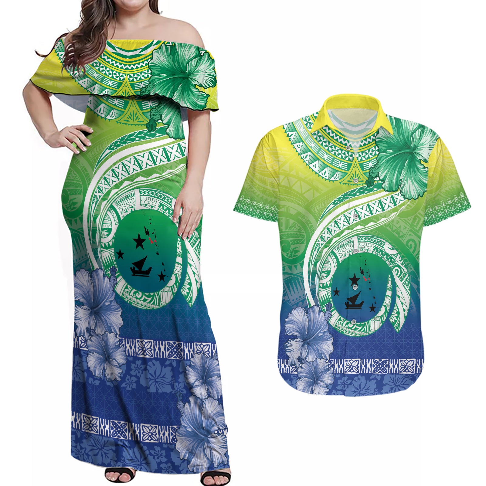 Malpampa Vanuatu Couples Matching Off Shoulder Maxi Dress and Hawaiian Shirt Hibiscus Sand Drawing with Pacific Pattern