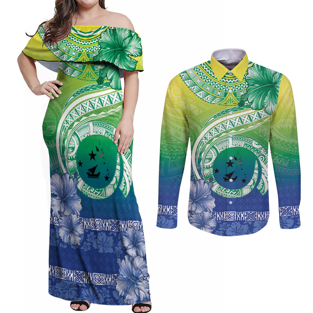 Malpampa Vanuatu Couples Matching Off Shoulder Maxi Dress and Long Sleeve Button Shirt Hibiscus Sand Drawing with Pacific Pattern LT9 Green Art - Polynesian Pride