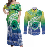 Malpampa Vanuatu Couples Matching Off Shoulder Maxi Dress and Long Sleeve Button Shirt Hibiscus Sand Drawing with Pacific Pattern LT9 Green Art - Polynesian Pride