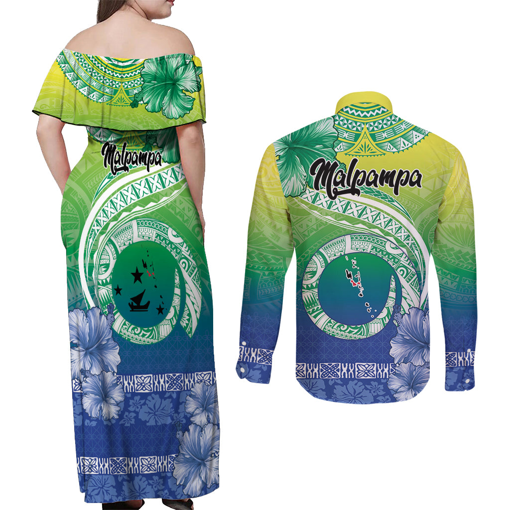 Malpampa Vanuatu Couples Matching Off Shoulder Maxi Dress and Long Sleeve Button Shirt Hibiscus Sand Drawing with Pacific Pattern LT9 - Polynesian Pride
