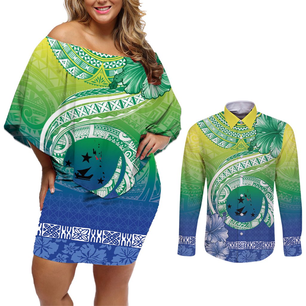 Malpampa Vanuatu Couples Matching Off Shoulder Short Dress and Long Sleeve Button Shirt Hibiscus Sand Drawing with Pacific Pattern LT9 Green Art - Polynesian Pride