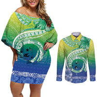 Malpampa Vanuatu Couples Matching Off Shoulder Short Dress and Long Sleeve Button Shirt Hibiscus Sand Drawing with Pacific Pattern LT9 Green Art - Polynesian Pride