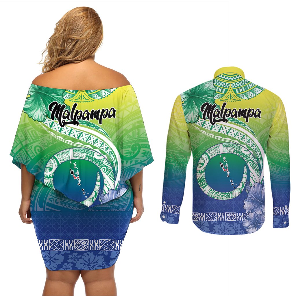 Malpampa Vanuatu Couples Matching Off Shoulder Short Dress and Long Sleeve Button Shirt Hibiscus Sand Drawing with Pacific Pattern LT9 - Polynesian Pride