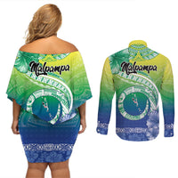 Malpampa Vanuatu Couples Matching Off Shoulder Short Dress and Long Sleeve Button Shirt Hibiscus Sand Drawing with Pacific Pattern LT9 - Polynesian Pride