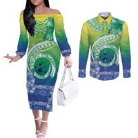 Malpampa Vanuatu Couples Matching Off The Shoulder Long Sleeve Dress and Long Sleeve Button Shirt Hibiscus Sand Drawing with Pacific Pattern LT9 Green Art - Polynesian Pride