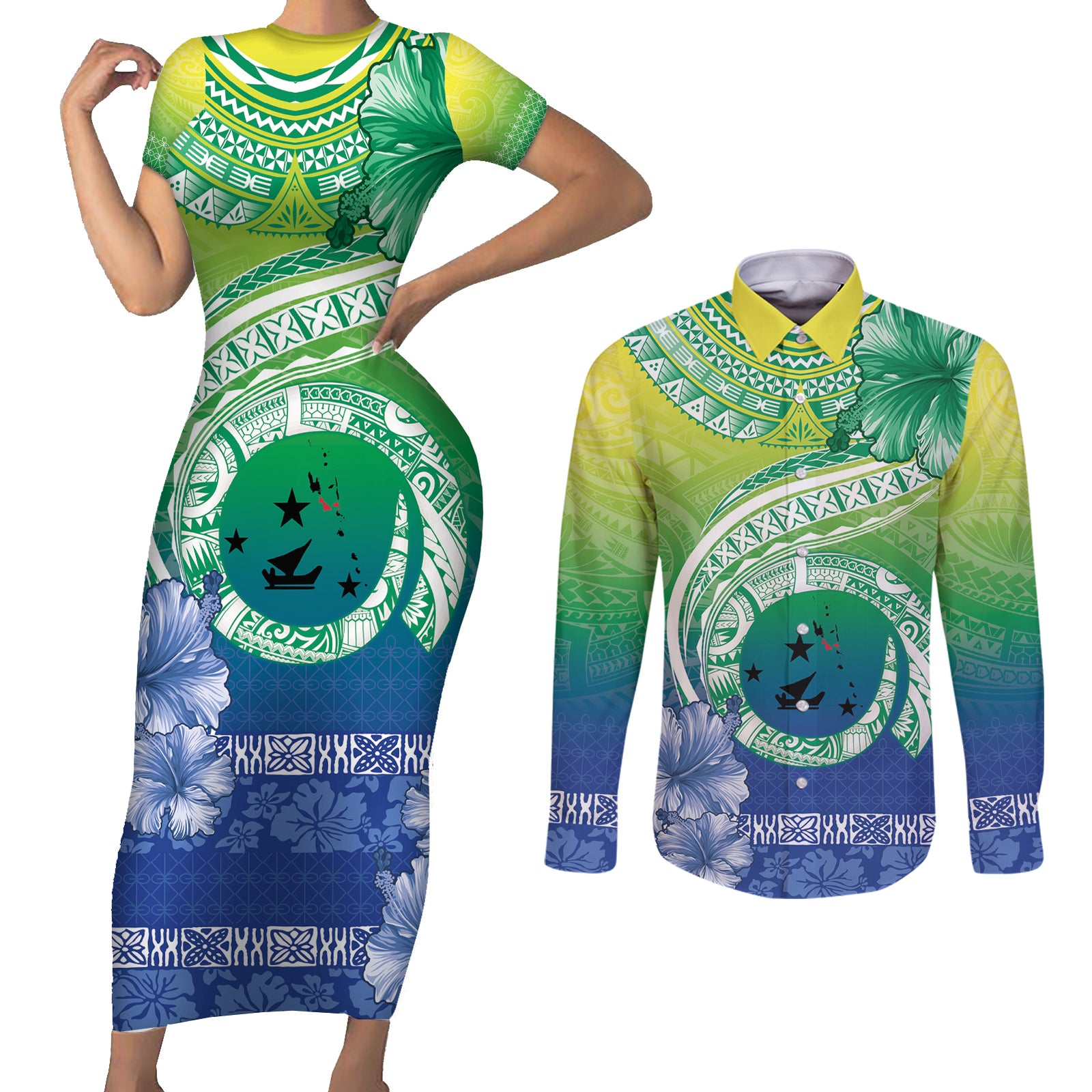 Malpampa Vanuatu Couples Matching Short Sleeve Bodycon Dress and Long Sleeve Button Shirt Hibiscus Sand Drawing with Pacific Pattern LT9 Green Art - Polynesian Pride