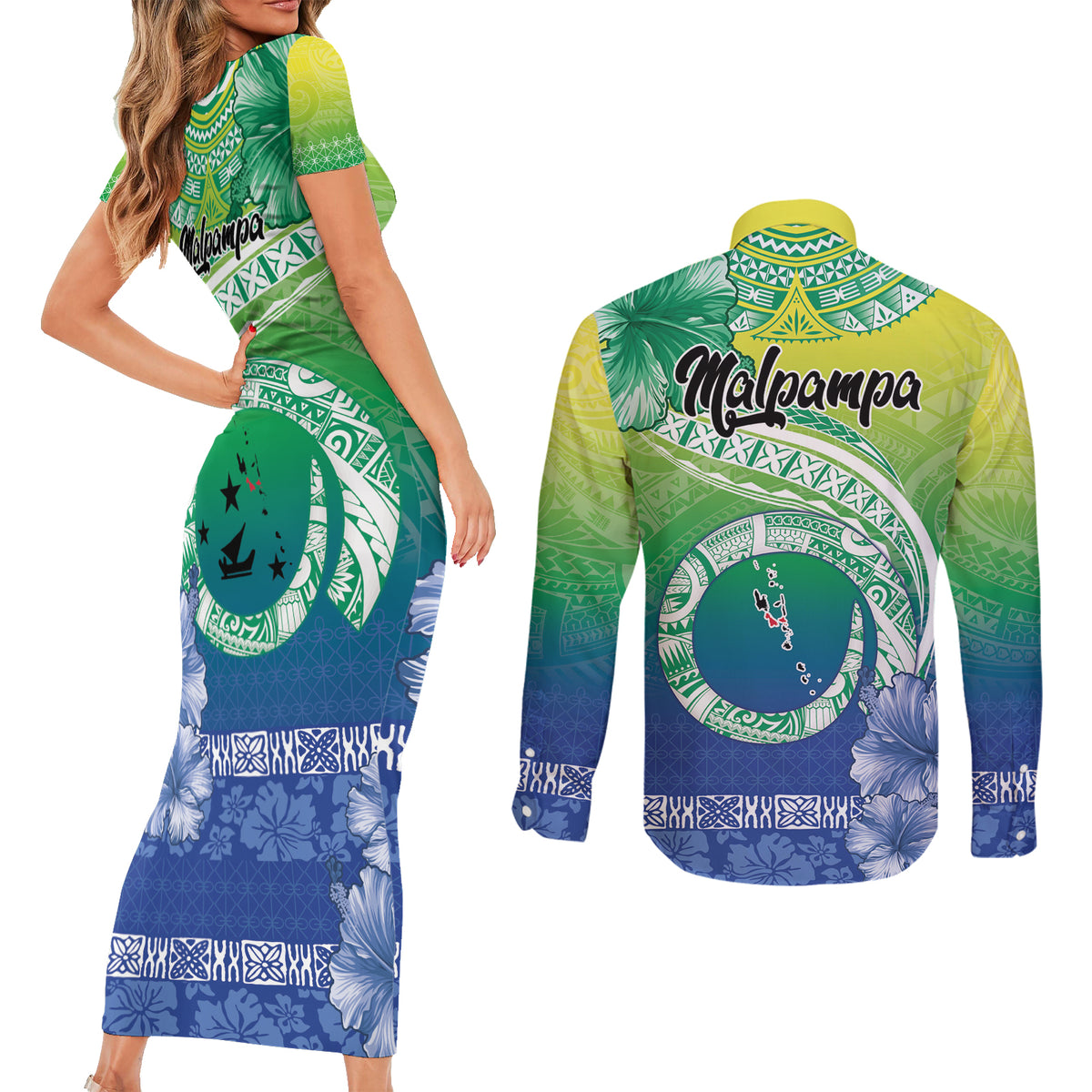 Malpampa Vanuatu Couples Matching Short Sleeve Bodycon Dress and Long Sleeve Button Shirt Hibiscus Sand Drawing with Pacific Pattern LT9 - Polynesian Pride