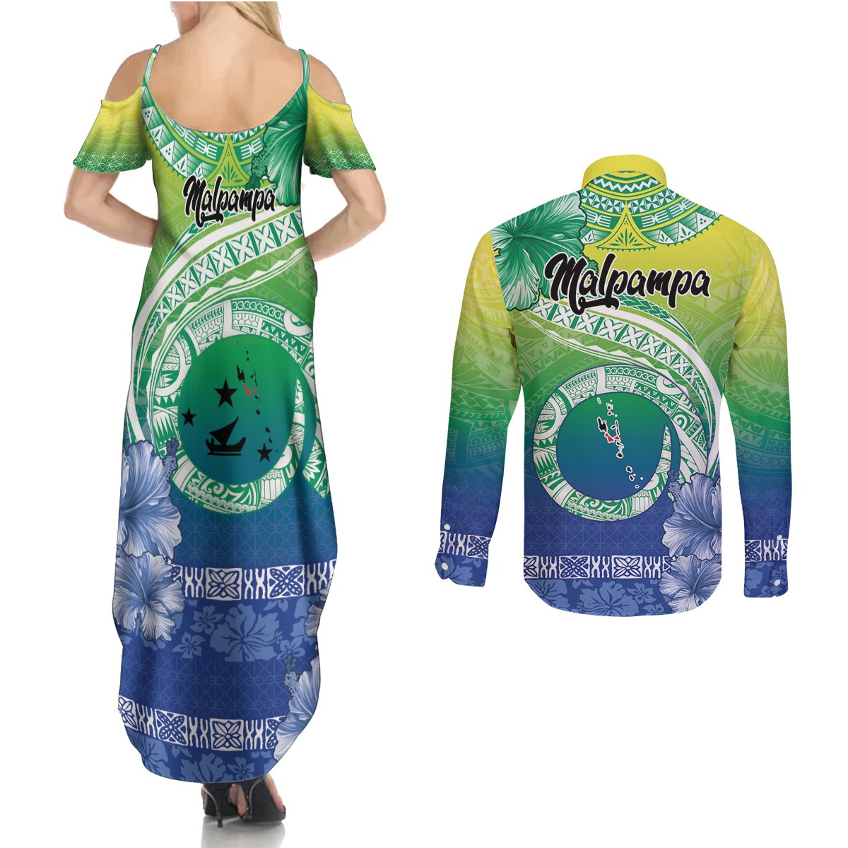 Malpampa Vanuatu Couples Matching Summer Maxi Dress and Long Sleeve Button Shirt Hibiscus Sand Drawing with Pacific Pattern LT9 - Polynesian Pride