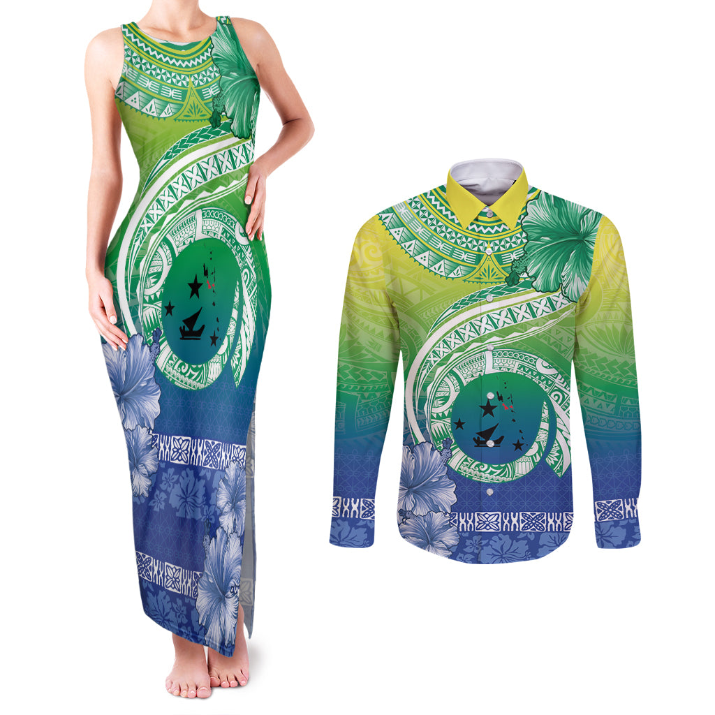 Malpampa Vanuatu Couples Matching Tank Maxi Dress and Long Sleeve Button Shirt Hibiscus Sand Drawing with Pacific Pattern LT9 Green Art - Polynesian Pride