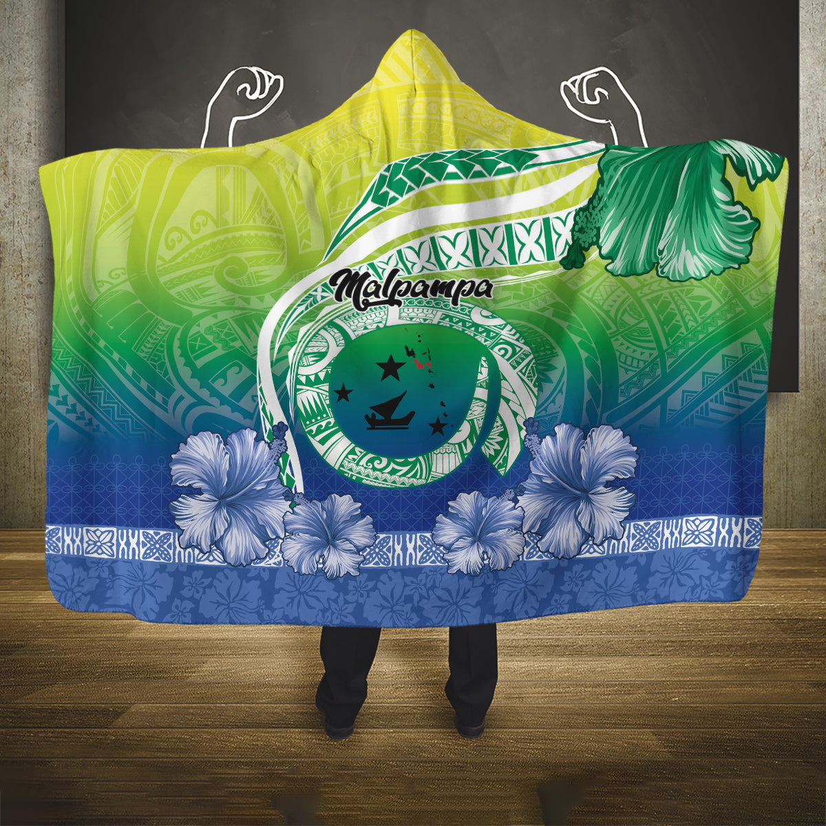 Malpampa Vanuatu Hooded Blanket Hibiscus Sand Drawing with Pacific Pattern LT9 One Size Green Art - Polynesian Pride