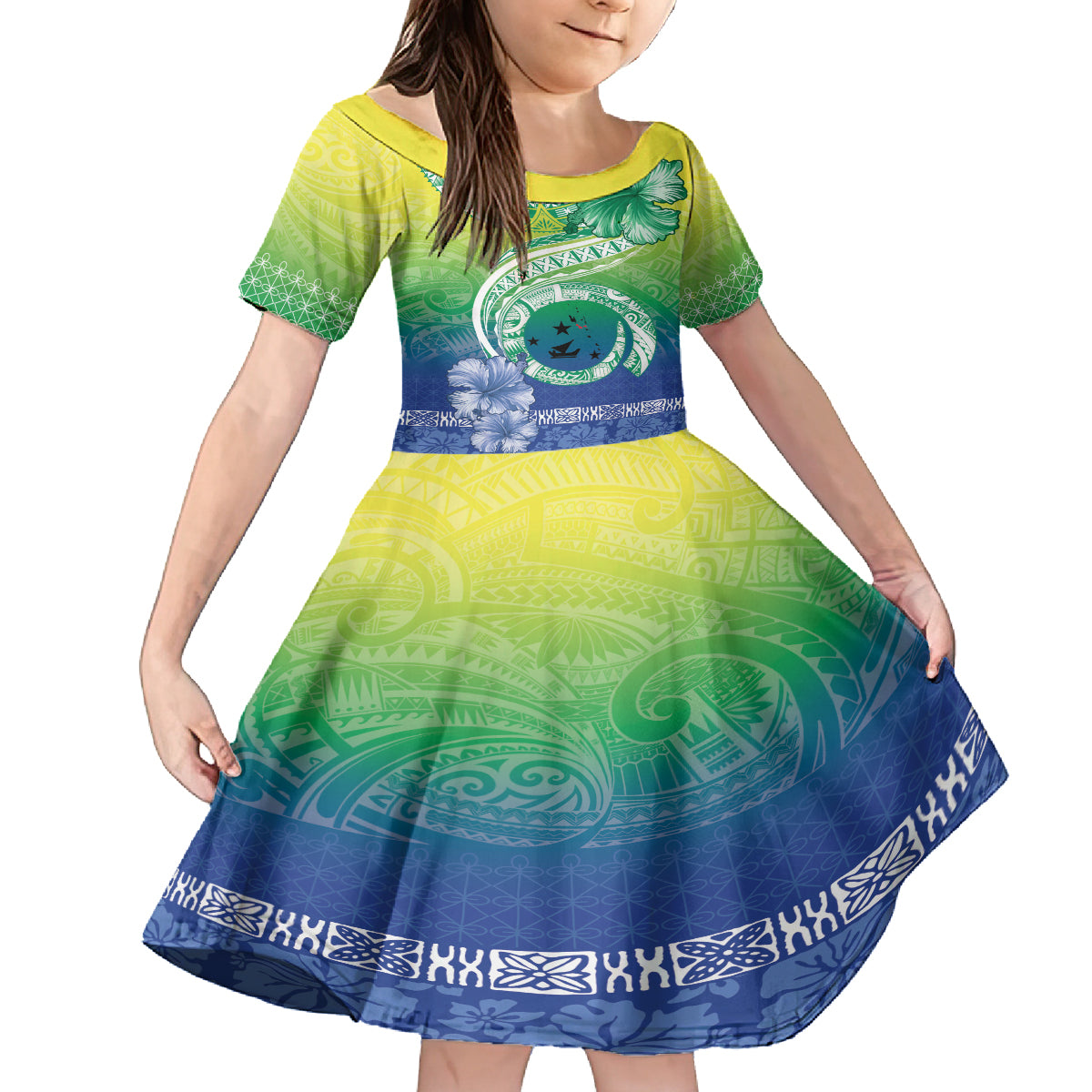Malpampa Vanuatu Kid Short Sleeve Dress Hibiscus Sand Drawing with Pacific Pattern