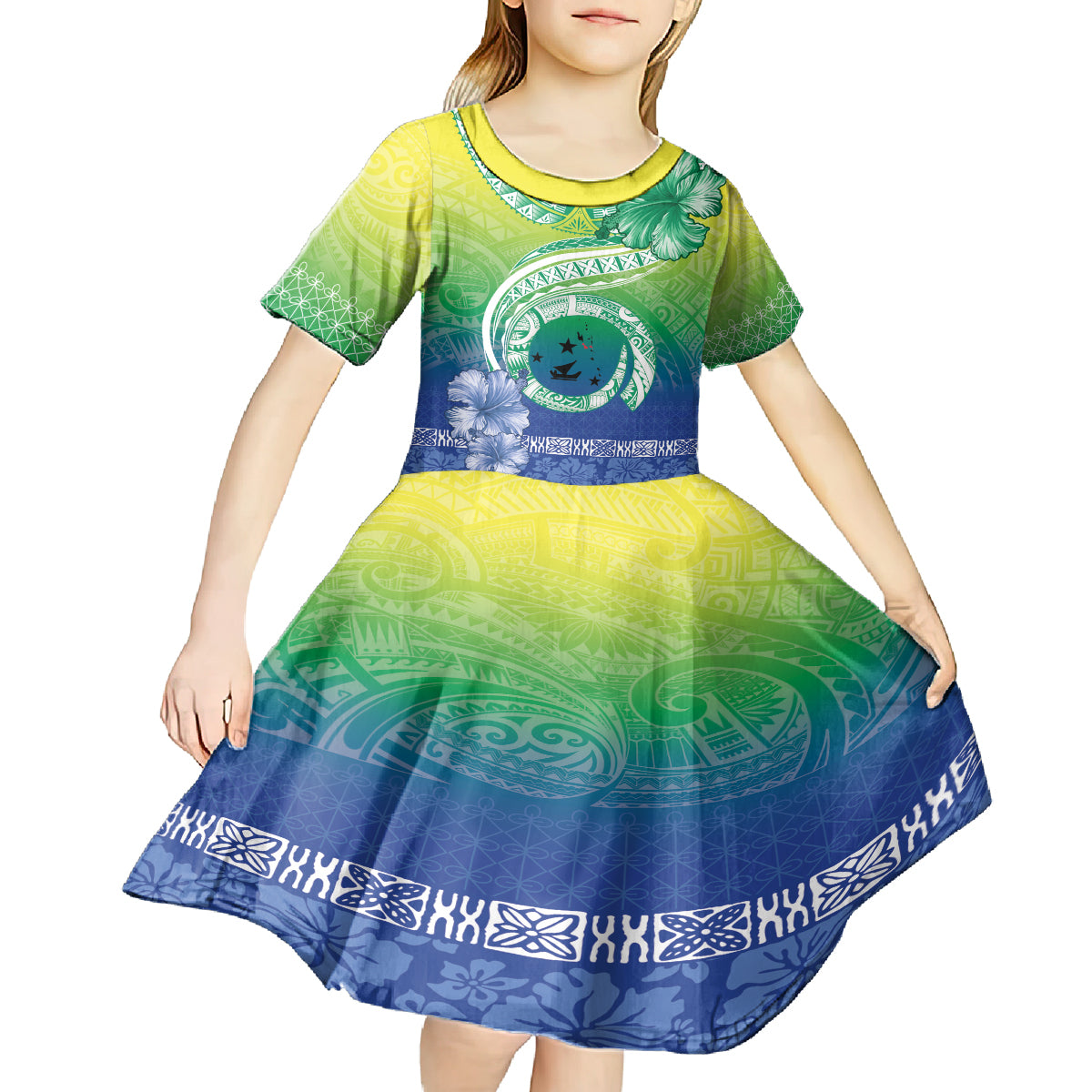 Malpampa Vanuatu Kid Short Sleeve Dress Hibiscus Sand Drawing with Pacific Pattern