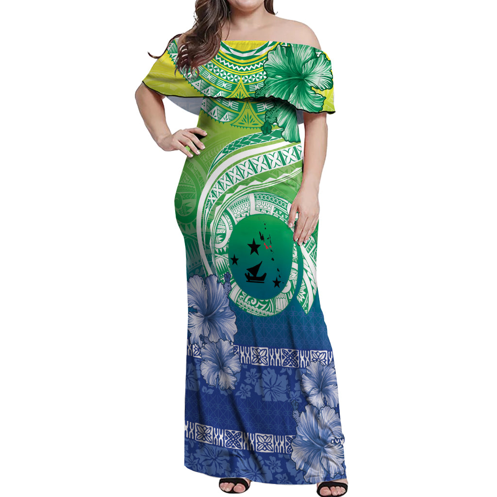 Malpampa Vanuatu Off Shoulder Maxi Dress Hibiscus Sand Drawing with Pacific Pattern LT9 Women Green Art - Polynesian Pride