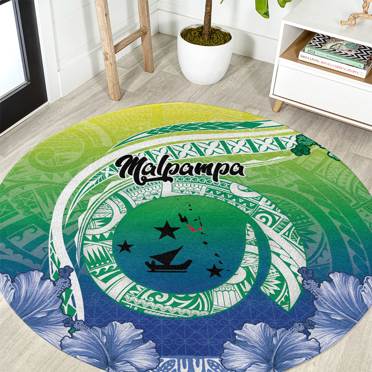 Malpampa Vanuatu Round Carpet Hibiscus Sand Drawing with Pacific Pattern