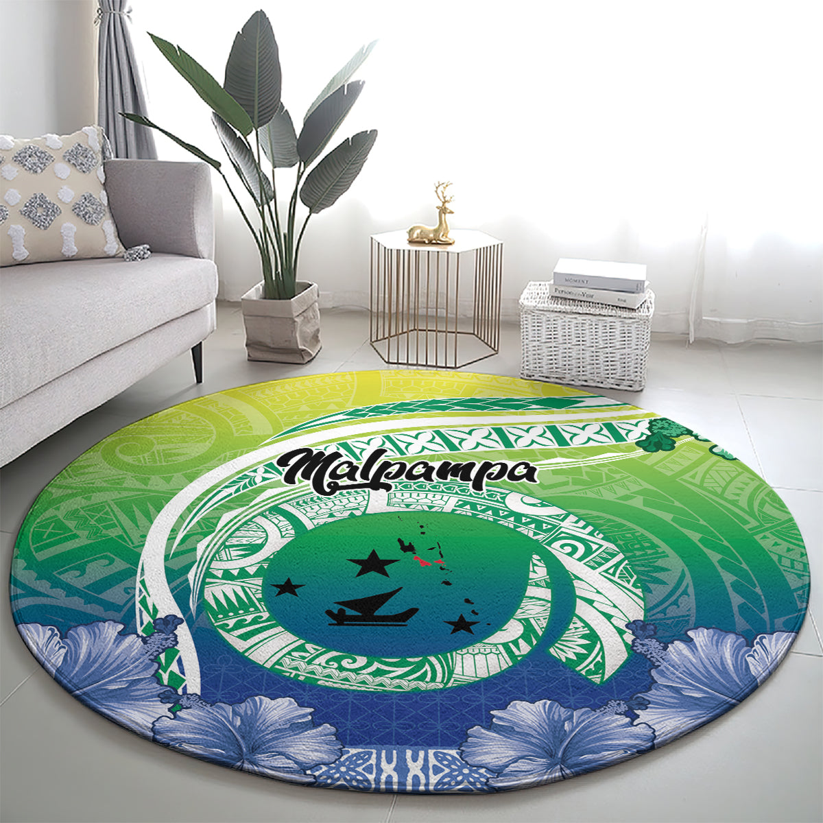 Malpampa Vanuatu Round Carpet Hibiscus Sand Drawing with Pacific Pattern