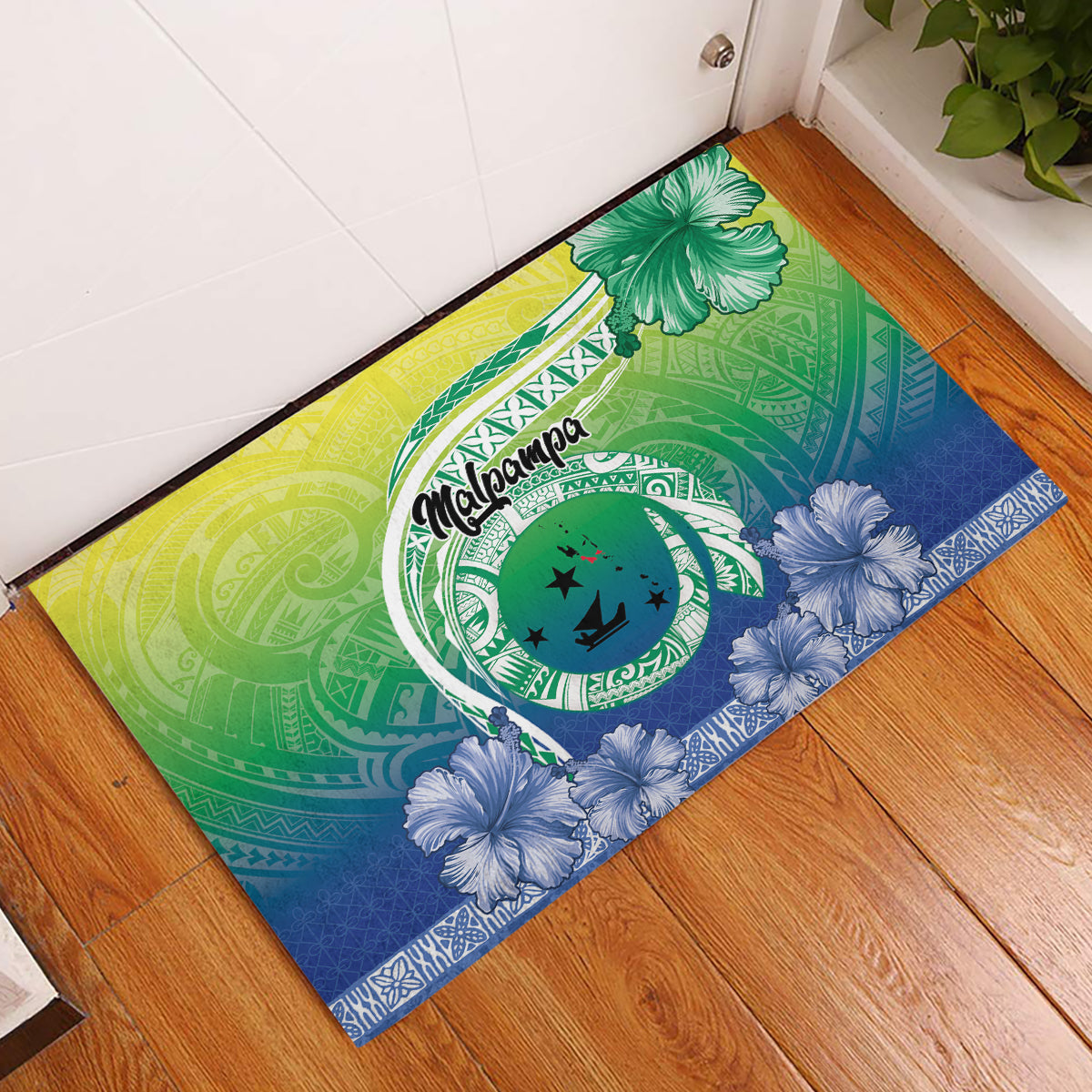 Malpampa Vanuatu Rubber Doormat Hibiscus Sand Drawing with Pacific Pattern LT9 Green Art - Polynesian Pride