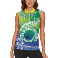 Malpampa Vanuatu Women Sleeveless Polo Shirt Hibiscus Sand Drawing with Pacific Pattern